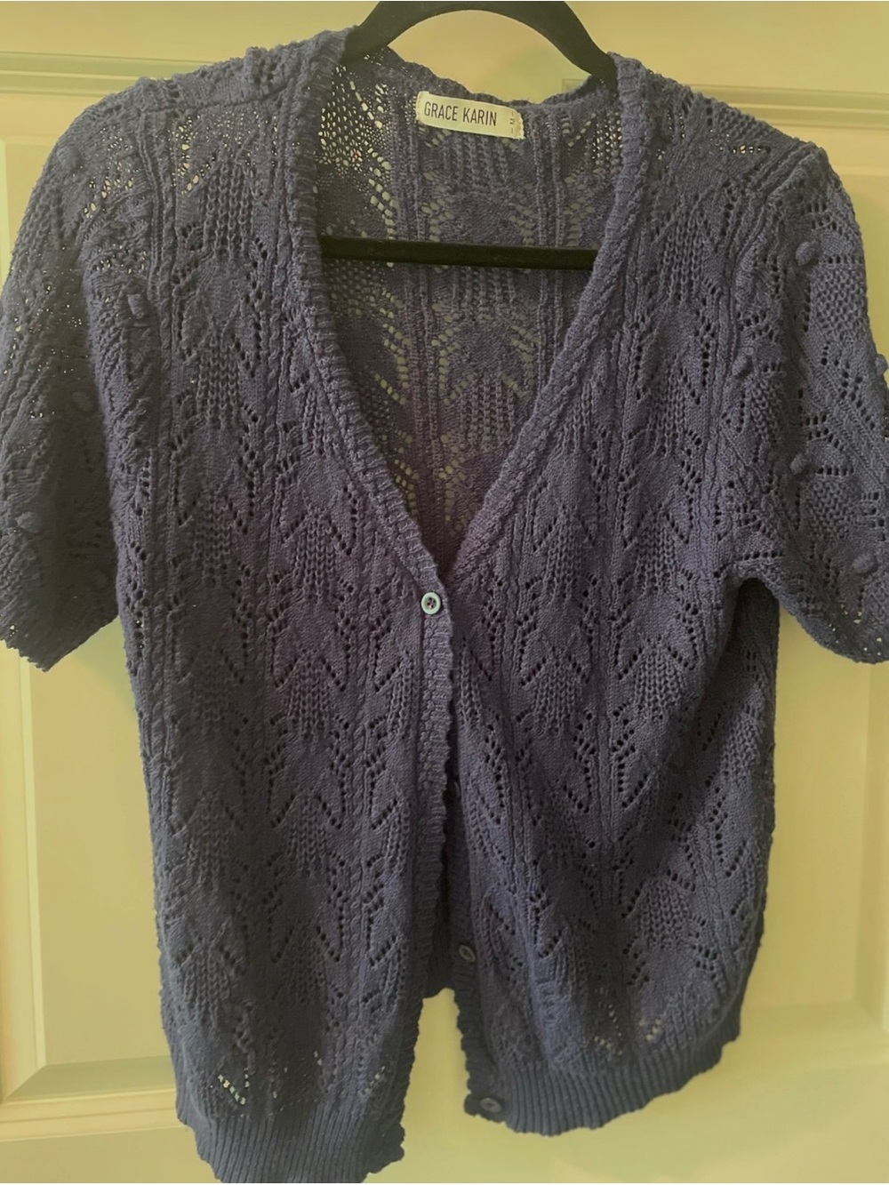 Grace Karin Navy Short-Sleeve Openwork Knit Cardigan